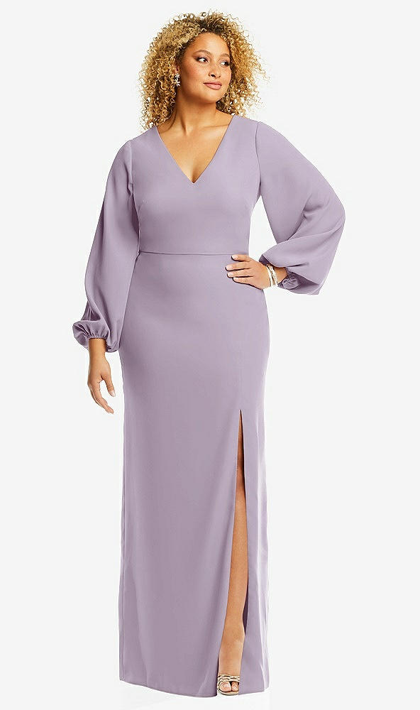Front View - Lilac Haze Long Puff Sleeve V-Neck Trumpet Gown