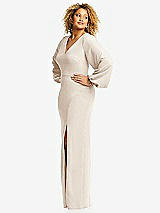 Side View Thumbnail - Oat Long Puff Sleeve V-Neck Trumpet Gown