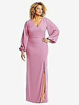 Front View Thumbnail - Powder Pink Long Puff Sleeve V-Neck Trumpet Gown