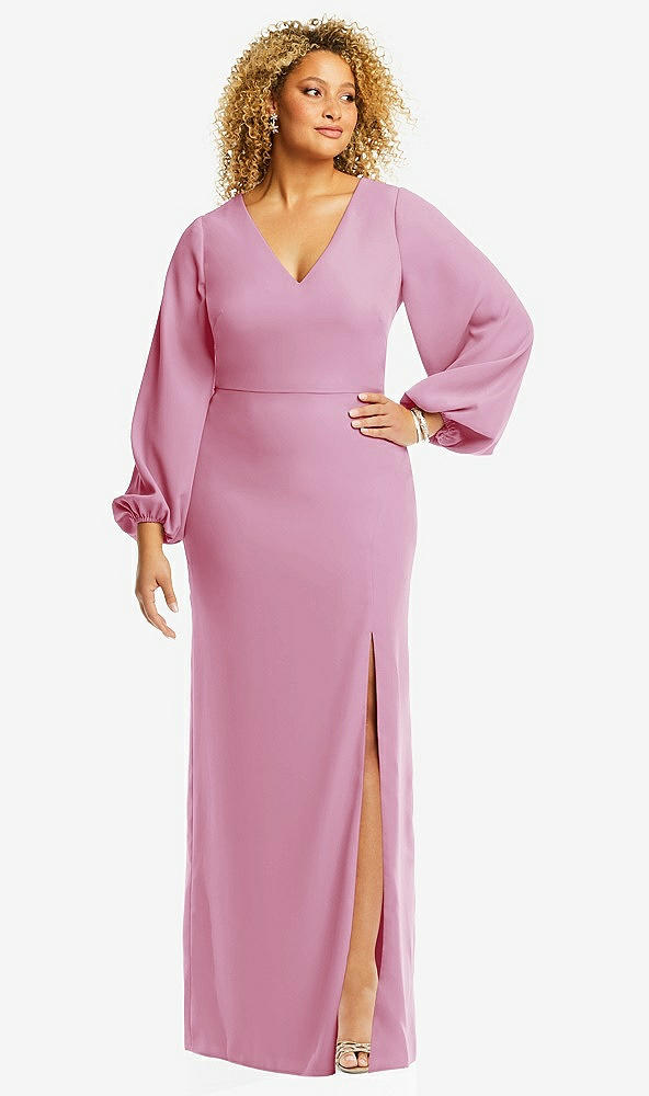 Front View - Powder Pink Long Puff Sleeve V-Neck Trumpet Gown