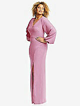 Side View Thumbnail - Powder Pink Long Puff Sleeve V-Neck Trumpet Gown