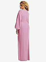 Rear View Thumbnail - Powder Pink Long Puff Sleeve V-Neck Trumpet Gown