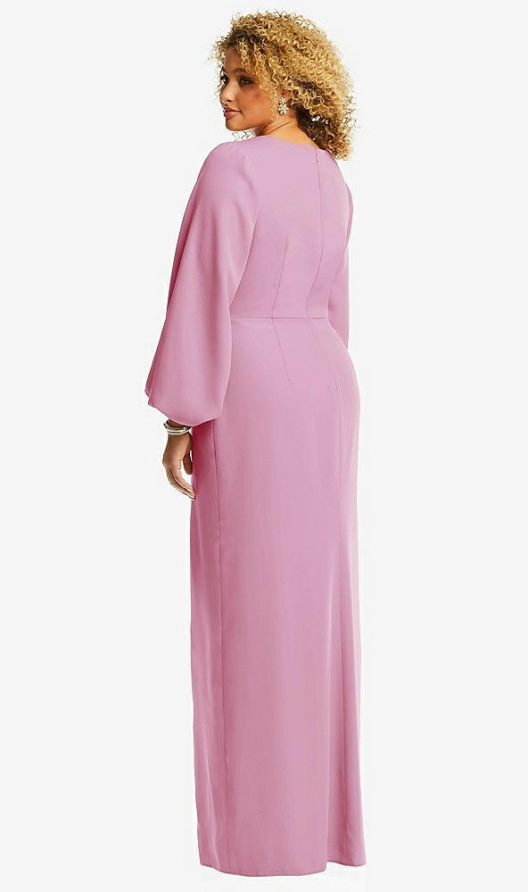 Back View - Powder Pink Long Puff Sleeve V-Neck Trumpet Gown