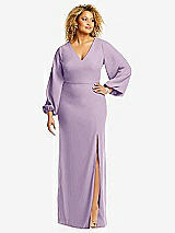 Front View Thumbnail - Pale Purple Long Puff Sleeve V-Neck Trumpet Gown