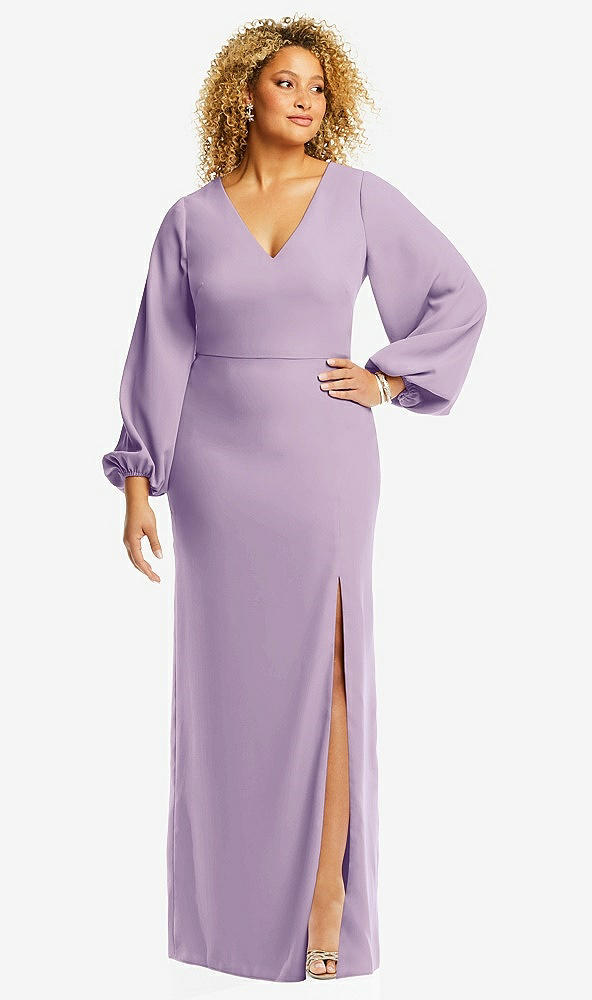Front View - Pale Purple Long Puff Sleeve V-Neck Trumpet Gown