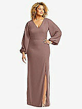 Front View Thumbnail - Sienna Long Puff Sleeve V-Neck Trumpet Gown