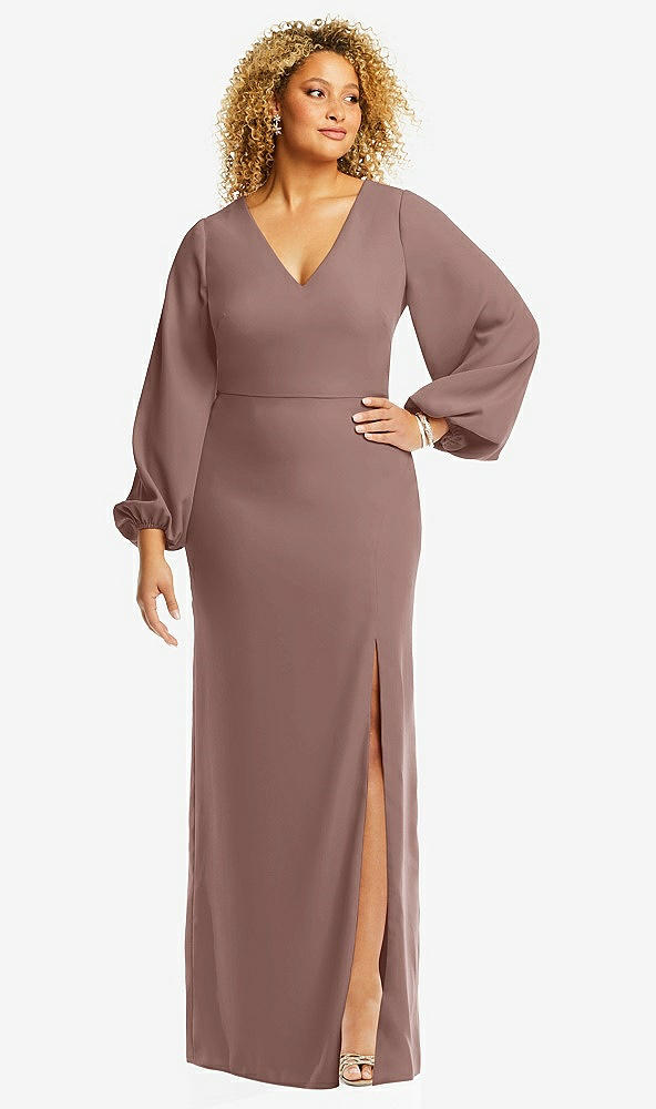 Front View - Sienna Long Puff Sleeve V-Neck Trumpet Gown