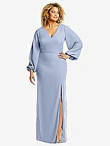 Front View Thumbnail - Sky Blue Long Puff Sleeve V-Neck Trumpet Gown