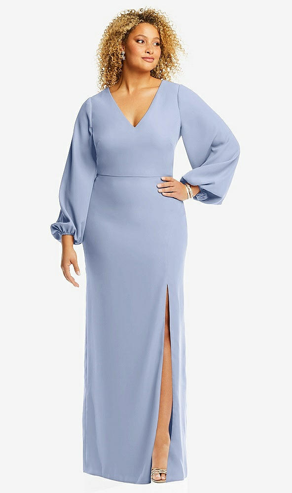 Front View - Sky Blue Long Puff Sleeve V-Neck Trumpet Gown