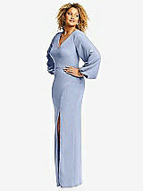 Side View Thumbnail - Sky Blue Long Puff Sleeve V-Neck Trumpet Gown