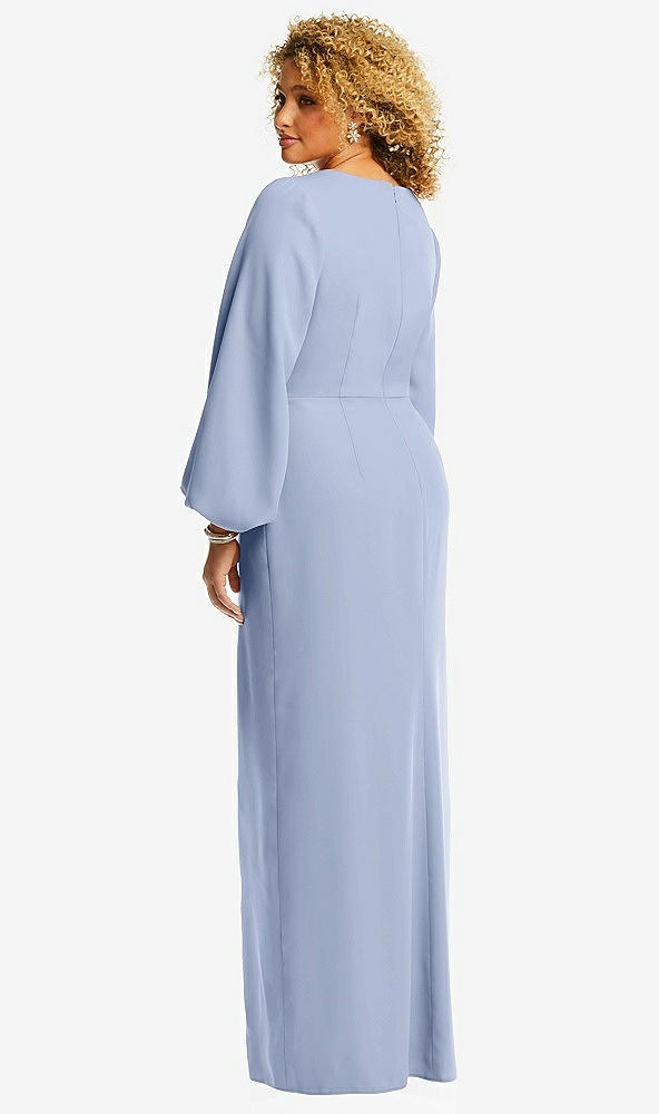 Back View - Sky Blue Long Puff Sleeve V-Neck Trumpet Gown