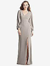 Alt View 1 Thumbnail - Taupe Long Puff Sleeve V-Neck Trumpet Gown