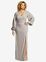 Front View Thumbnail - Taupe Long Puff Sleeve V-Neck Trumpet Gown