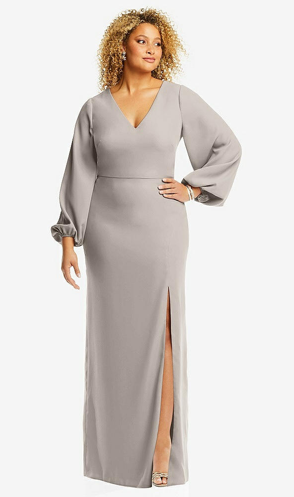 Front View - Taupe Long Puff Sleeve V-Neck Trumpet Gown