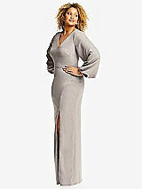 Side View Thumbnail - Taupe Long Puff Sleeve V-Neck Trumpet Gown
