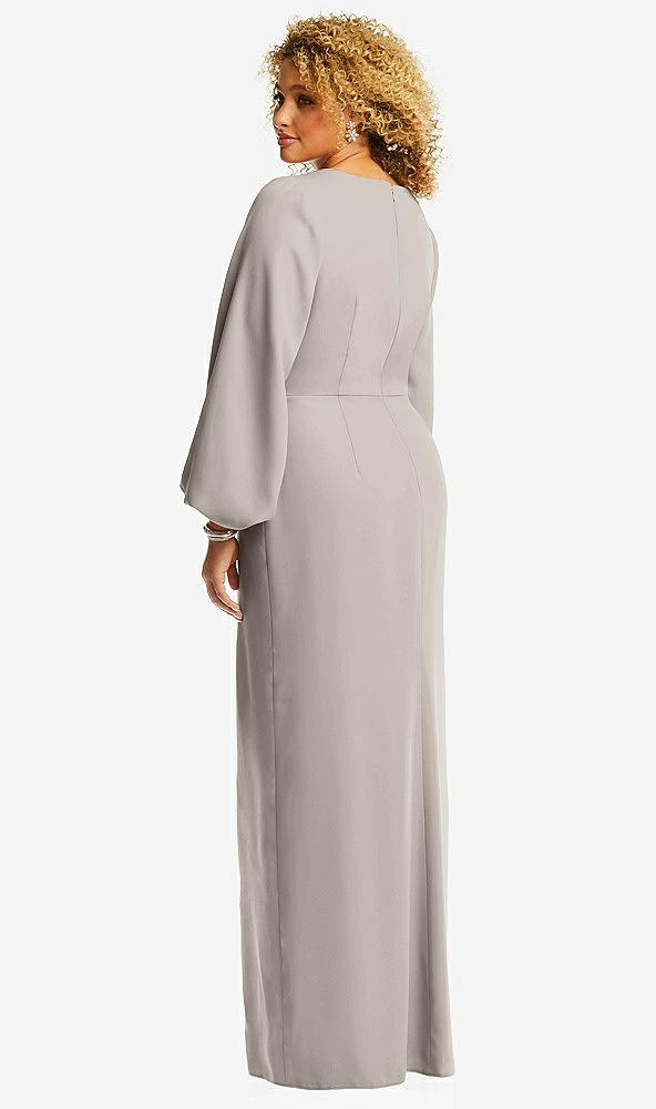 Back View - Taupe Long Puff Sleeve V-Neck Trumpet Gown
