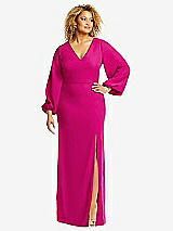 Front View Thumbnail - Think Pink Long Puff Sleeve V-Neck Trumpet Gown