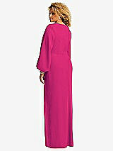 Rear View Thumbnail - Think Pink Long Puff Sleeve V-Neck Trumpet Gown