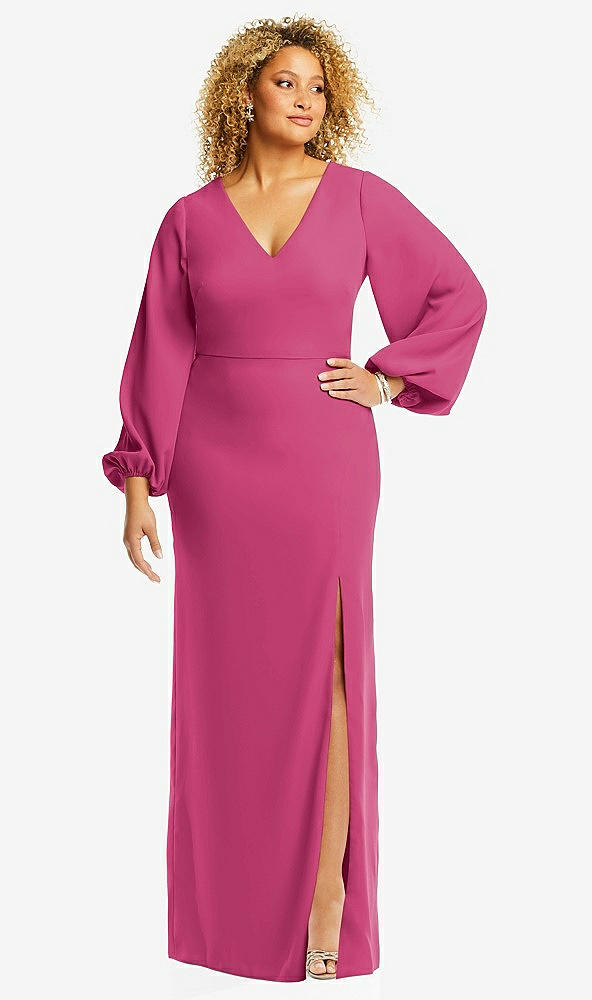 Front View - Tea Rose Long Puff Sleeve V-Neck Trumpet Gown