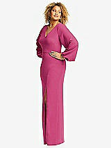 Side View Thumbnail - Tea Rose Long Puff Sleeve V-Neck Trumpet Gown
