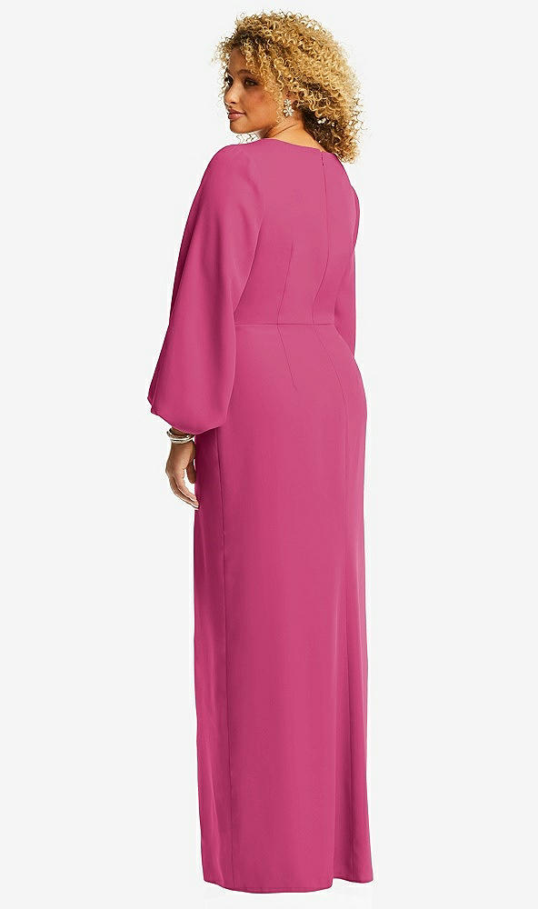 Back View - Tea Rose Long Puff Sleeve V-Neck Trumpet Gown