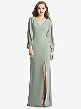 Alt View 1 Thumbnail - Willow Green Long Puff Sleeve V-Neck Trumpet Gown