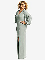 Side View Thumbnail - Willow Green Long Puff Sleeve V-Neck Trumpet Gown