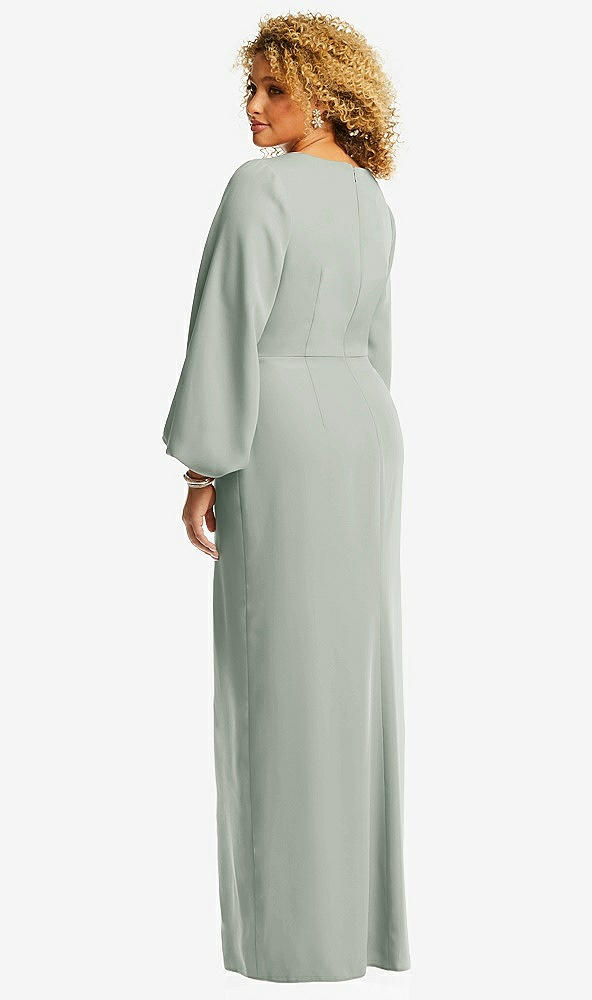 Back View - Willow Green Long Puff Sleeve V-Neck Trumpet Gown