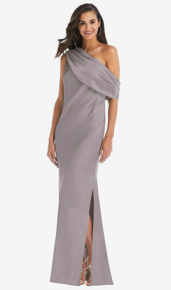Front View - Cashmere Gray Draped One-Shoulder Convertible Maxi Slip Dress