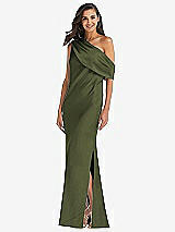 Front View Thumbnail - Olive Green Draped One-Shoulder Convertible Maxi Slip Dress