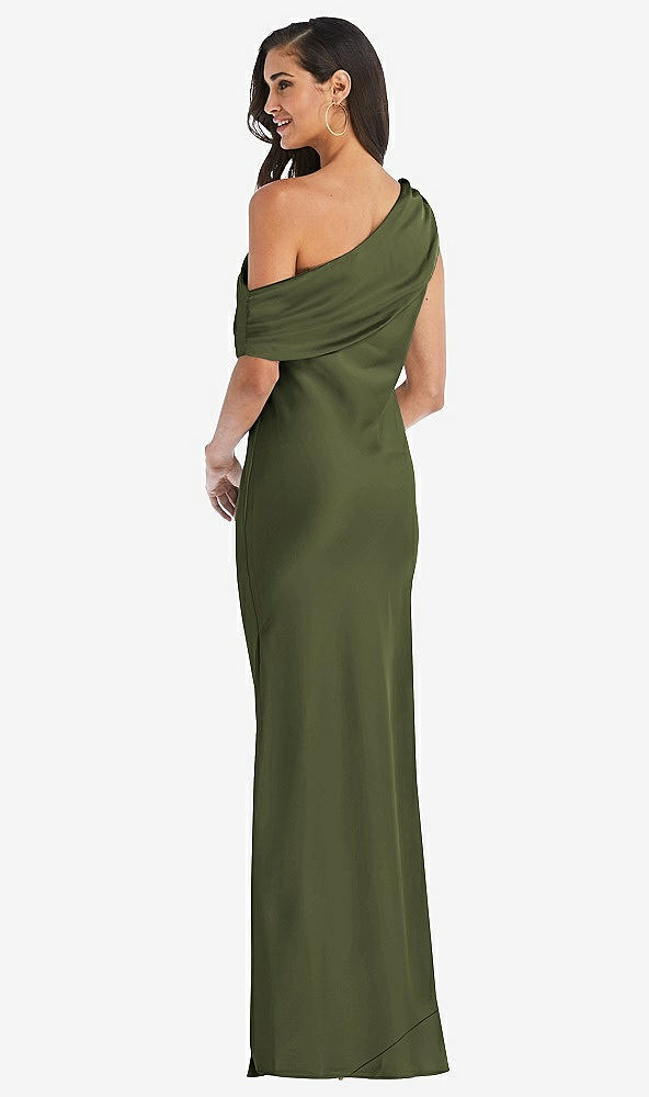 Back View - Olive Green Draped One-Shoulder Convertible Maxi Slip Dress