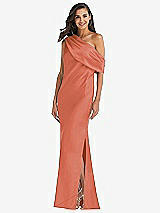 Front View Thumbnail - Terracotta Copper Draped One-Shoulder Convertible Maxi Slip Dress