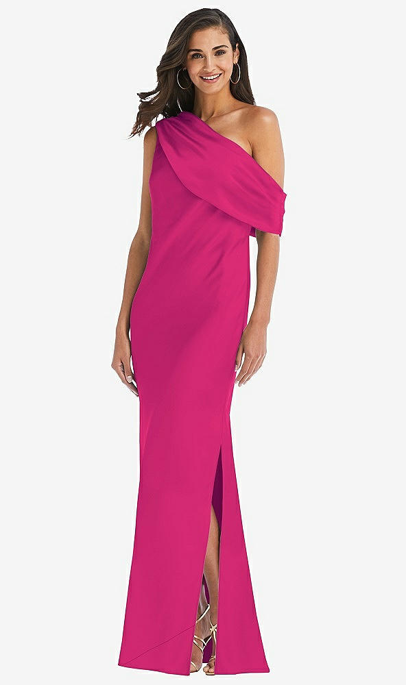Front View - Think Pink Draped One-Shoulder Convertible Maxi Slip Dress