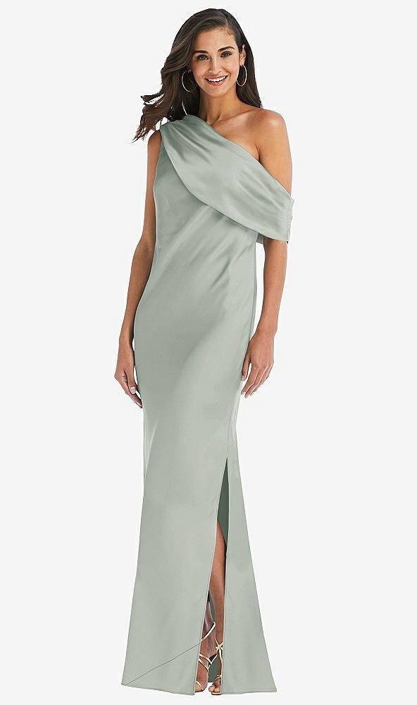 Front View - Willow Green Draped One-Shoulder Convertible Maxi Slip Dress