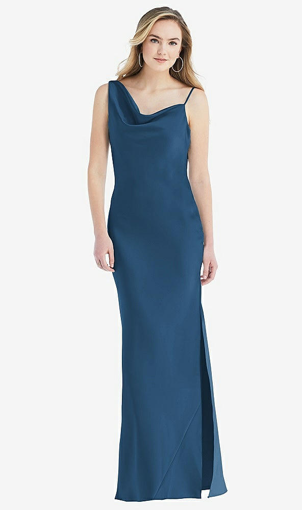 Front View - Dusk Blue Asymmetrical One-Shoulder Cowl Maxi Slip Dress