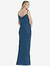 Rear View Thumbnail - Dusk Blue Asymmetrical One-Shoulder Cowl Maxi Slip Dress