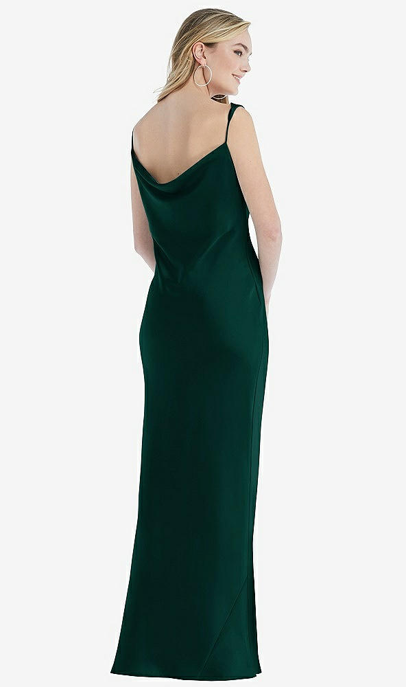 Back View - Evergreen Asymmetrical One-Shoulder Cowl Maxi Slip Dress