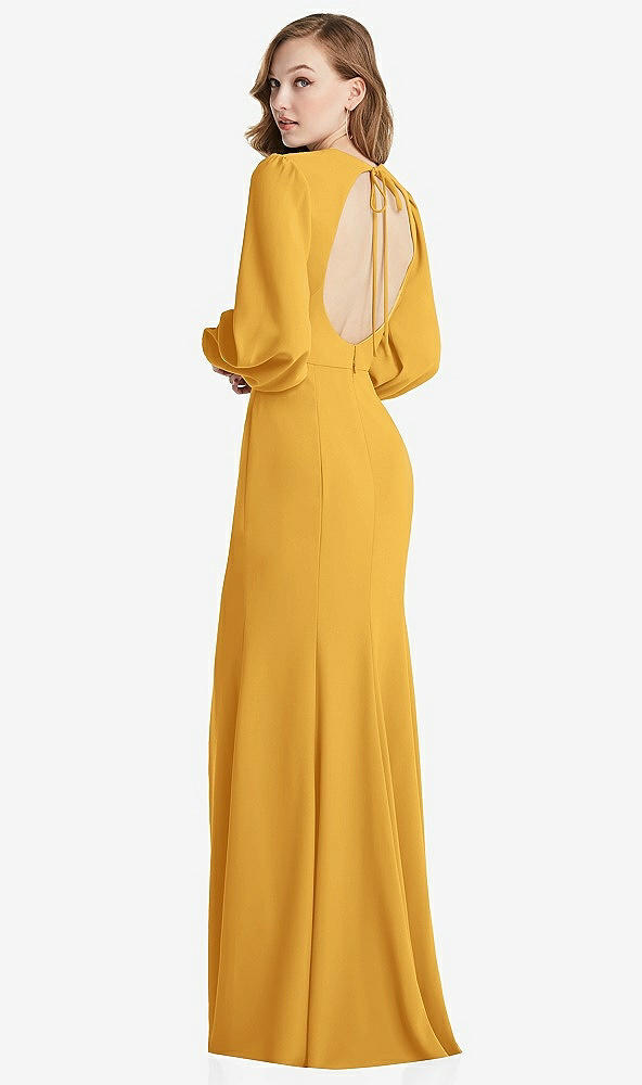Front View - NYC Yellow Long Puff Sleeve Maxi Dress with Cutout Tie-Back