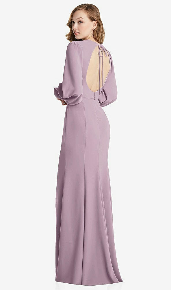 Front View - Suede Rose Long Puff Sleeve Maxi Dress with Cutout Tie-Back