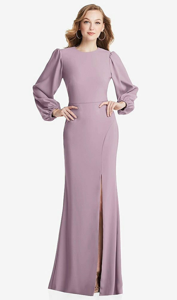 Back View - Suede Rose Long Puff Sleeve Maxi Dress with Cutout Tie-Back