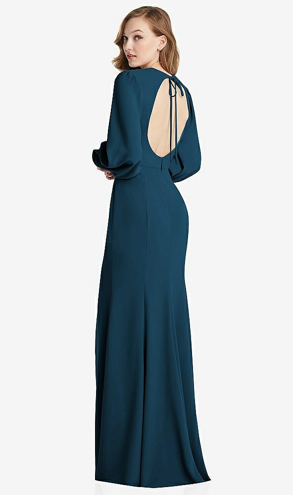 Front View - Atlantic Blue Long Puff Sleeve Maxi Dress with Cutout Tie-Back