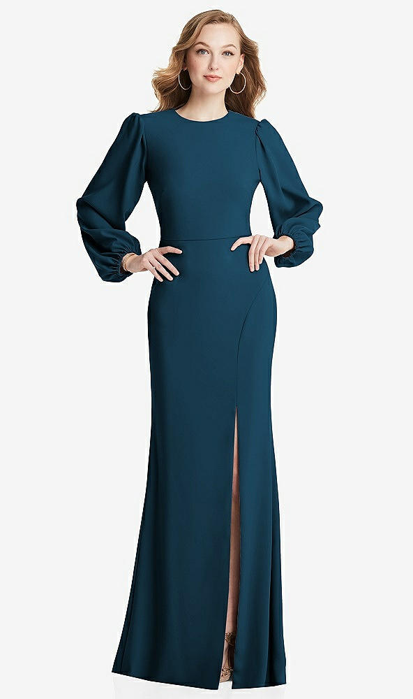 Back View - Atlantic Blue Long Puff Sleeve Maxi Dress with Cutout Tie-Back