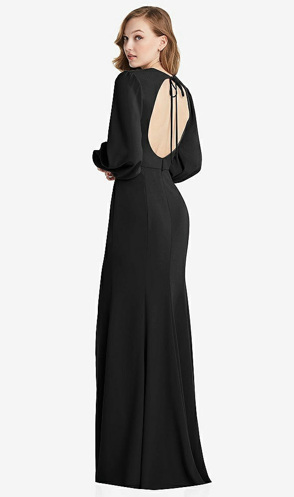 Front View - Black Long Puff Sleeve Maxi Dress with Cutout Tie-Back