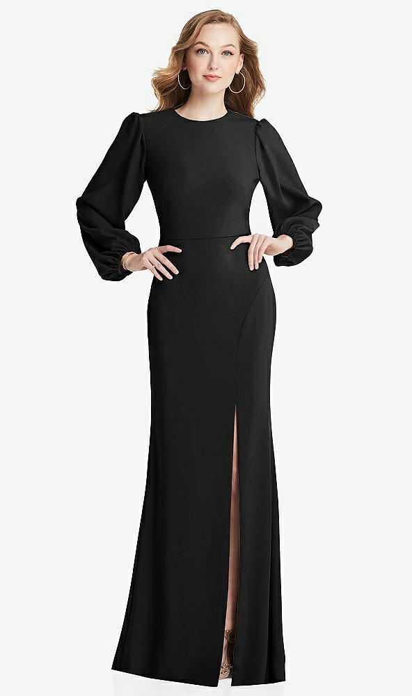 Back View - Black Long Puff Sleeve Maxi Dress with Cutout Tie-Back
