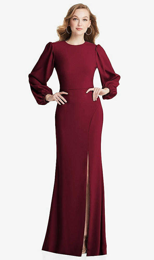 Back View - Burgundy Long Puff Sleeve Maxi Dress with Cutout Tie-Back