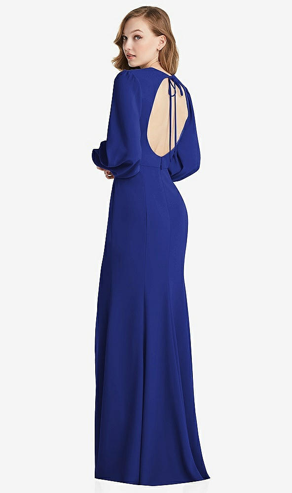 Front View - Cobalt Blue Long Puff Sleeve Maxi Dress with Cutout Tie-Back
