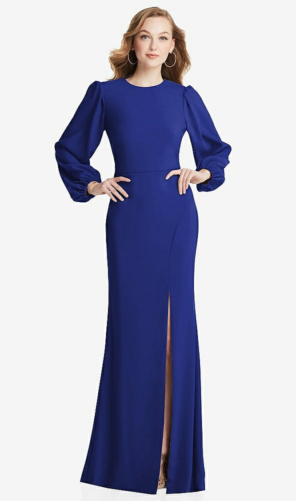 Back View - Cobalt Blue Long Puff Sleeve Maxi Dress with Cutout Tie-Back