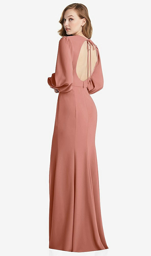 Front View - Desert Rose Long Puff Sleeve Maxi Dress with Cutout Tie-Back