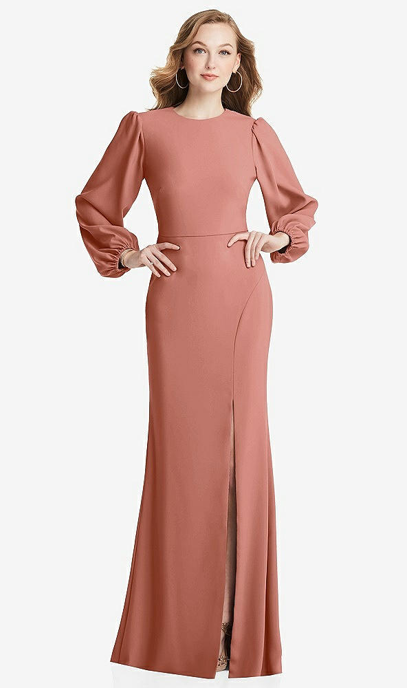 Back View - Desert Rose Long Puff Sleeve Maxi Dress with Cutout Tie-Back