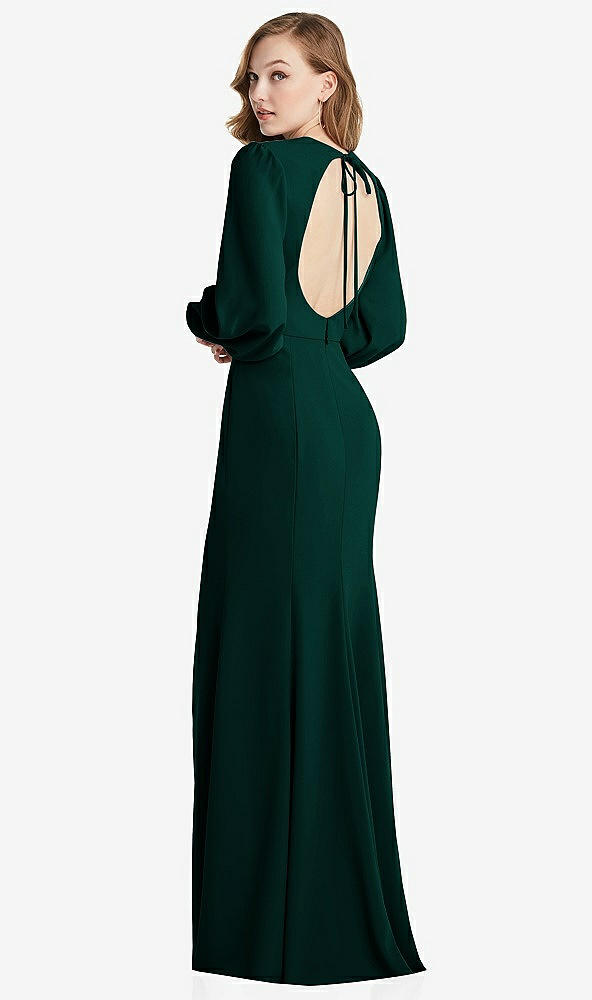 Front View - Evergreen Long Puff Sleeve Maxi Dress with Cutout Tie-Back